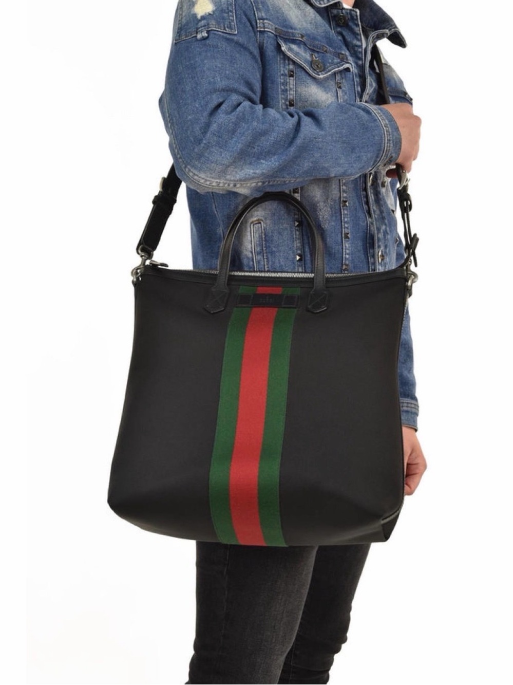 Authentic Gucci 619751 Black Web Stripe Tall Tote Shoulder Crossbody Bag